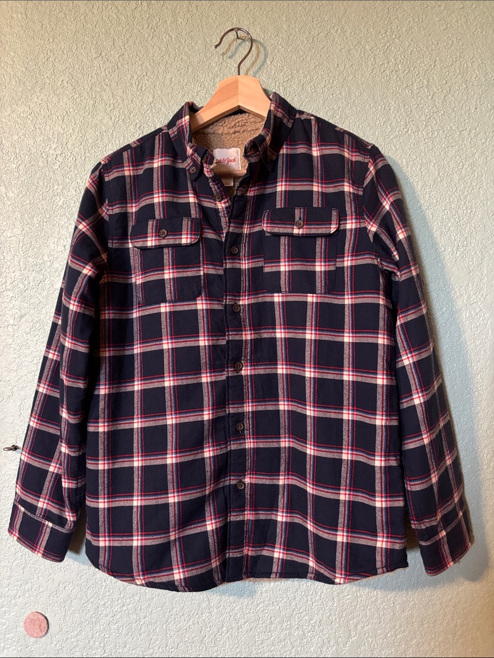Cat & Jack Youth Navy and Red Plaid Button-Up Fleece Lined Shirt Jacket Size L